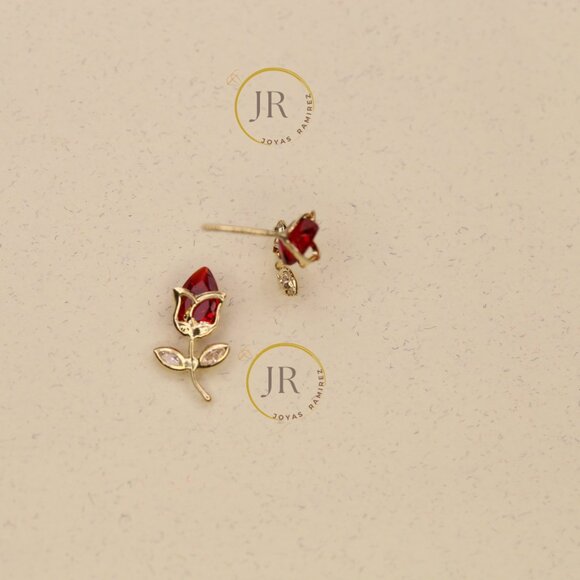 14K Solid Yellow Gold Red Tulip Stud Earrings • Floral Elegance & Passion. - Picture 3 of 10